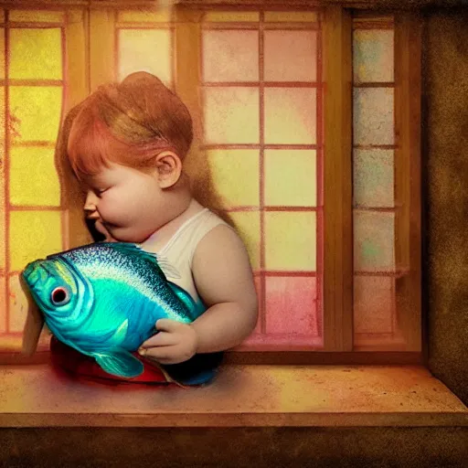 Prompt: the most beautiful little fat sweet girl is kissing a huge colorful cute fish. modern etching. colored print. hype realistic scene. old photography style. studio lighting. window. 3 d, octane render, deep focus, zbrush, white scene