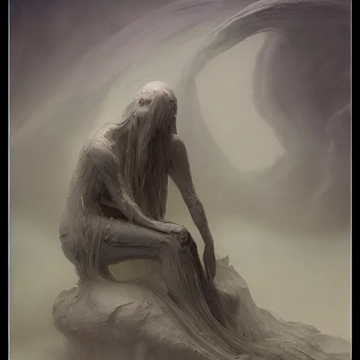 Image similar to atmospheric concept art of a female water elemental sculpted from marble, concept art, character concept art, atmospheric, fog, wayne barlowe , moebius, yoshitako amano