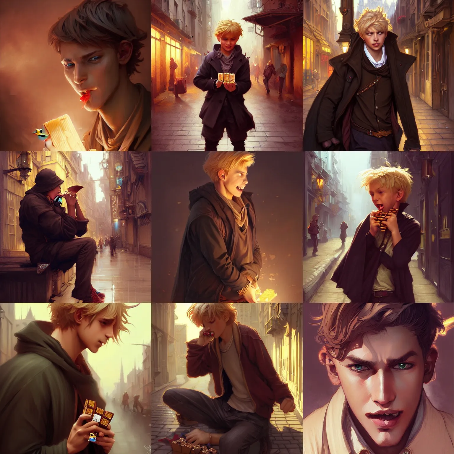 Prompt: Dirty blonde street boy happily eating chocolate candy in the streets, dark, D&D, fantasy, elegant, highly detailed, digital painting, artstation, concept art, matte, sharp focus, illustration, art by Artgerm and Greg Rutkowski and Alphonse Mucha