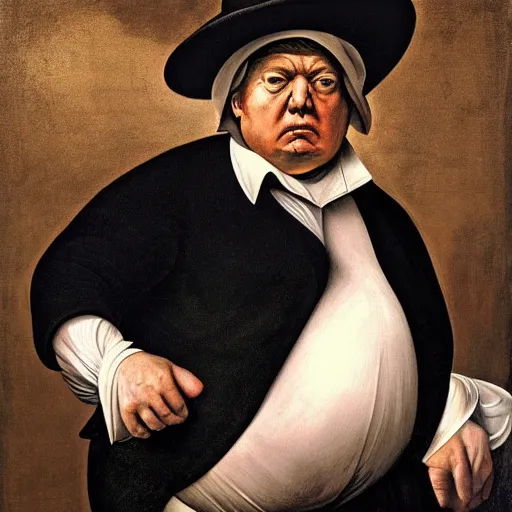 Prompt: a caravaggio portrait of donald frump, trumps much fatter and weirder looking cousin