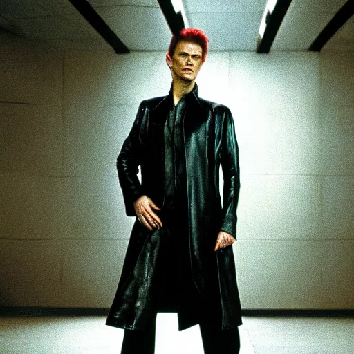 Prompt: David Bowie starring as Neo in The Matrix, green Matrix effect, leather trench coat, cinematic portrait