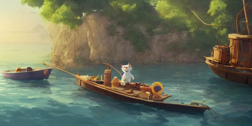 Image similar to a wholesome animation key shot of a cute cat on a fishing boat wearing a sunhat, studio ghibli, pixar and disney animation, sharp, rendered in unreal engine 5, anime key art by greg rutkowski, bloom, dramatic, dynamic lighting