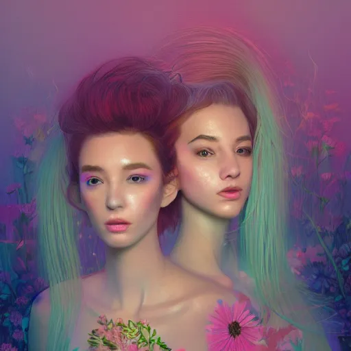 Prompt: portrait of the two most beautiful women surrounded by soft florals, vaporwave lighting, dewy skin, concept art, high detail, beautiful, dreamy, procreate