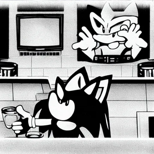 Image similar to photogram of sonic the hedgehog sitting at a bar, movie still