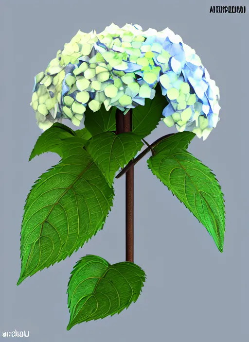Image similar to an isolated hydrangea plant, 3 d render, art nouveau style, ultra realistic, masked transparent flat background, popular on sketchfab, pixelsquid, 8 k, volumetric lighting, super focused, no blur, trending on artstation, octane render, ultra detailed, hyperrealistic, by artgerm and alphonse mucha