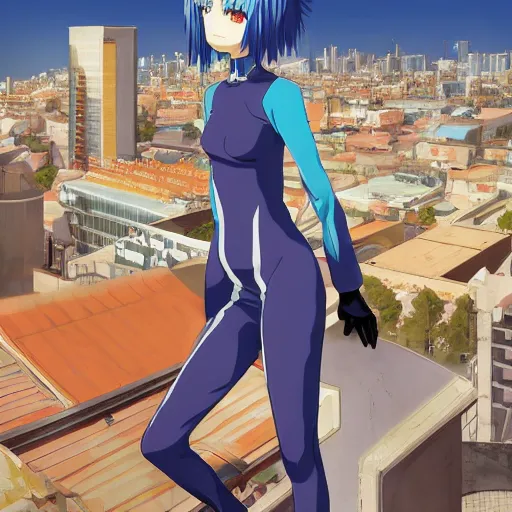 Image similar to anime art, anime fullbody shot of female rei ayanami, long blue hair and large eyes, finely detailed perfect face, in a modern skintight plugsuit, laying on a rooftop, flooded metropolis in ruins, red sea, trending on pixiv fanbox, evangelion, extremely high quality artwork by ilya kuvshinov