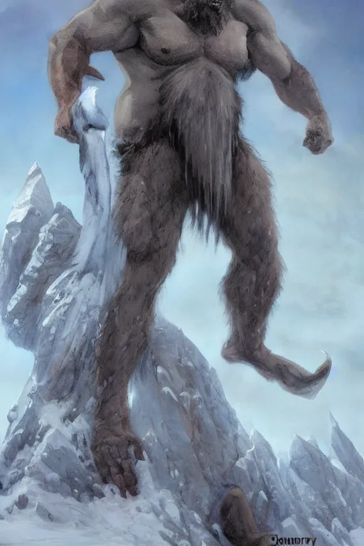 Image similar to north mythology concept art painting of ice gigant ymir the ancestor of all giants by james gurney, trending on artstation, detailed