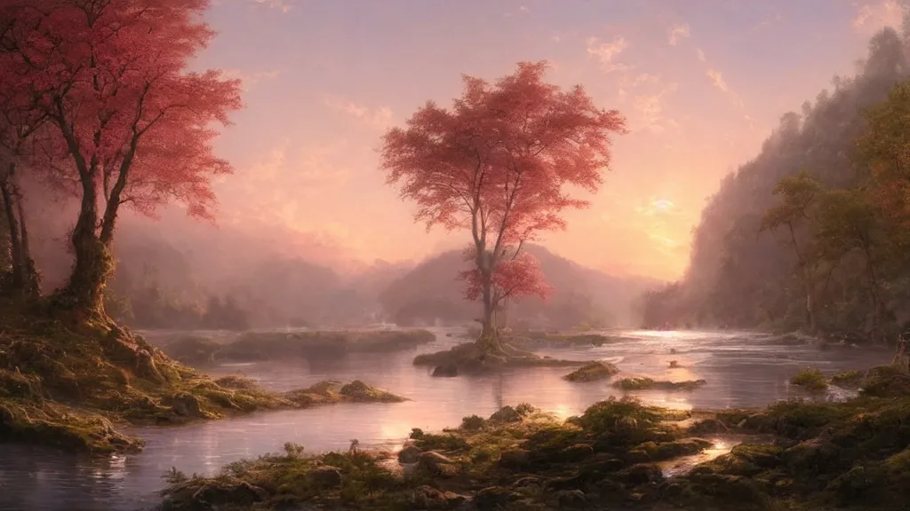 Image similar to the most beautiful panoramic landscape, oil painting, where a giant dreamy waterfall creates a river, the trees around are starting to bloom in pink color, a majestic deer is drinking water from the river and a ray light of the sunset is brightening him, by greg rutkowski