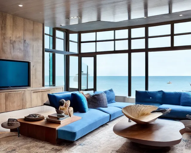 Prompt: A modern living room inspired by the ocean, a luxurious wooden coffee table with large seashells on it, 100 inch television playing drake and josh, amazing detail, 8k resolution, blue color, calm, relaxed style, harmony, wide angle shot