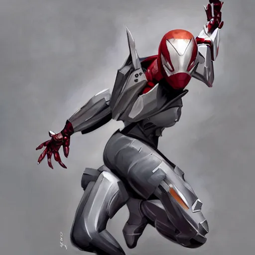 Image similar to greg manchess portrait painting of armored spiderman ultraman grey fox from metal gear cyborg gay japanese - american hybrid as overwatch character, medium shot, asymmetrical, profile picture, organic painting, sunny day, matte painting, bold shapes, hard edges, street art, trending on artstation, by huang guangjian and ail elvgren and sachin teng