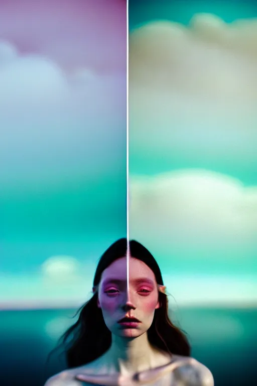 Image similar to high quality pastel coloured film close up wide angle photograph of a model wearing clothing swimming on cloud furniture in a icelandic black rock!! environment in a partially haze filled dreamstate world. three point light, rainbow. photographic production. art directed. pastel colours. volumetric clouds. pastel gradient overlay. waves glitch artefacts. extreme facial clarity. 8 k. filmic.