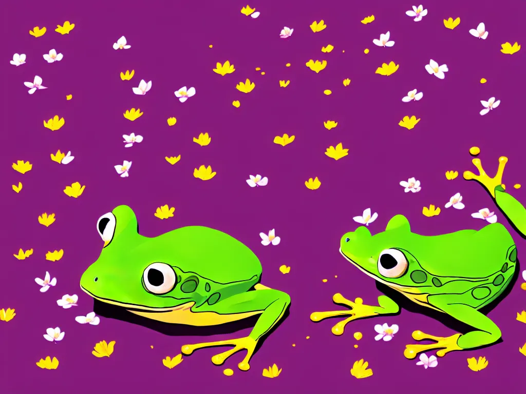 Image similar to a frog in brown trousers, floating on a stream of purple flower petals, illustration, trending on artstation