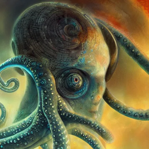 Image similar to eyes, tentacle-enabled underwater human descendant, futuristic painting by amano yoshitaka, dagon, hd 8k