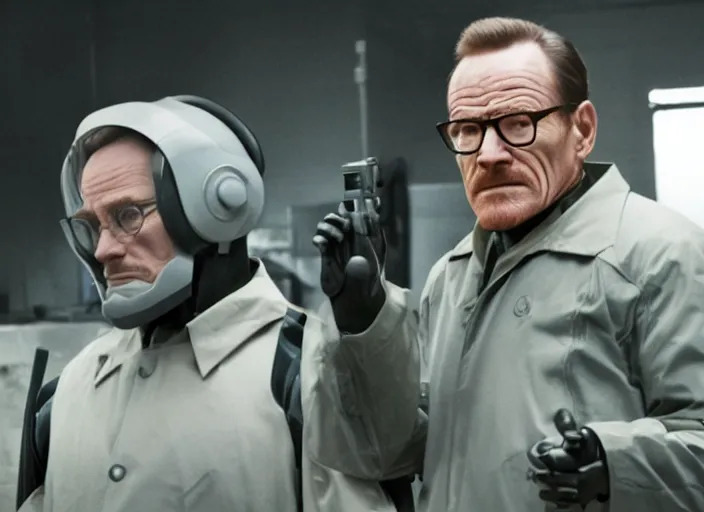 Image similar to film still of Brian Cranston as real Gordan Freeman in the Half Life Movie, 4k