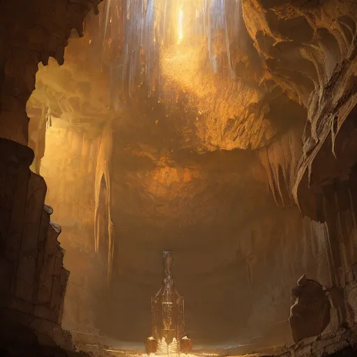 Image similar to ancient underground city in cave, cave interior, godrays, 8 k, octane render, ultra detailed, art by artgerm and greg rutkowski and alphonse mucha, artstation