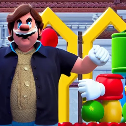 Prompt: Jack Black playing ((((Super Mario)))) in a live-action Super Mario Bros movie - hyperrealistic 8k hdr movie still