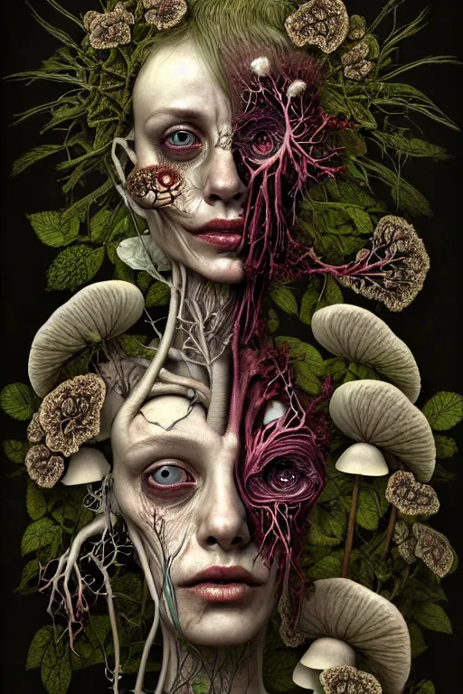 Image similar to sad and detailed rotten woman corpse with fractal plants and fractal flowers and mushrooms growing around, face muscles, veins, arteries, intricate, ornate, surreal, ray caesar, john constable, guy denning, dan hillier
