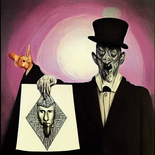 Image similar to Aleister Crowley with baphomet, by Raphael Hopper, and Rene Magritte. Highly detailed, Occult funny, humorous, funny, enchanting, magical, trending on artstationHQ