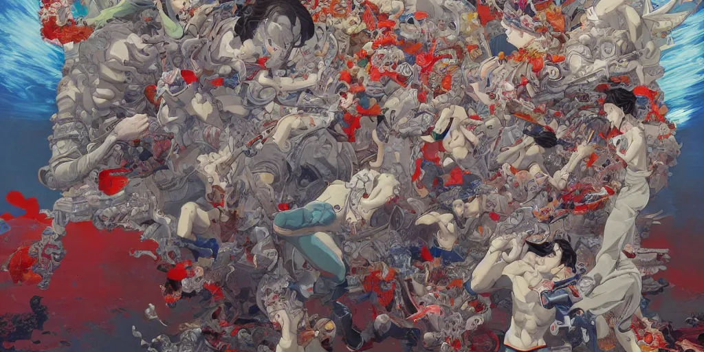 Prompt: gigantic angels oil painting art by james jean and katsuhiro otomo and erik jones, inspired by akira anime, smooth feature, intricate oil painting, high detail illustration, sharp high detail, 1 9 9 9