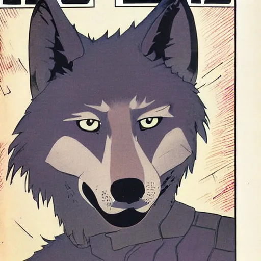 Prompt: 1 9 8 0 s cover scan of a comic featuring a portrait of male wolf o'donnell anthropomorphic wolf furry fursona from starfox wearing an intimidating mercenary uniform, fluffy eyebrows, dark grey wolf, wolf o'donnell, magazine scan, 1 9 8 0 s artwork scan