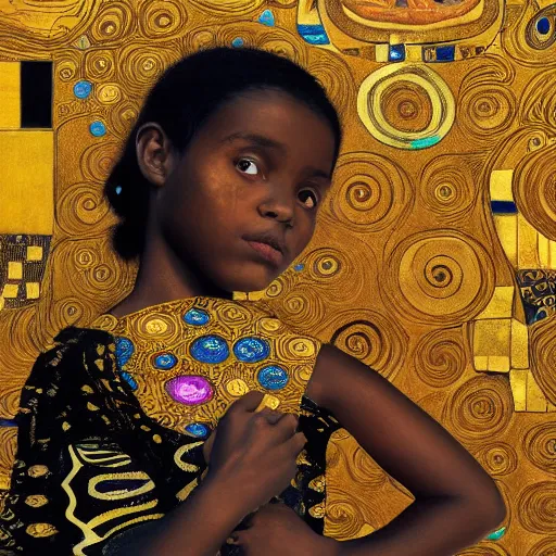 Prompt: girl black child in front of a gustav klimt wallpaper by android jones, detailed matte painting, 8k resolution best on artstation