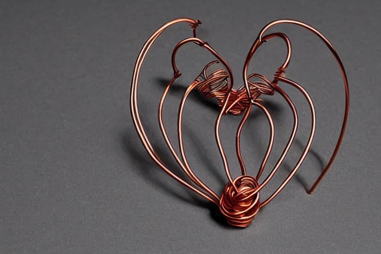 Prompt: a very beautiful tiny human heart organic sculpture made of copper wire and threaded pipes, very intricate, curved. studio lighting, high resolution, high quality, black background