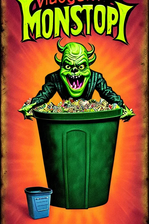 Image similar to vintage goosebumps cover art style illustration of a monster coming out of a garbage can.