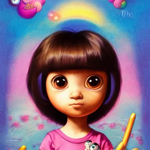 Image similar to portrait of Dora the explorer as real girl in live action movie, in happy pose, detailed, intricate complex background, japanese Pop Surrealism, lowbrow art style, muted pastel colors, soft lighting, 50's looks by Mark Ryden,Yosuke Ueno,mucha, artstation cgsociety