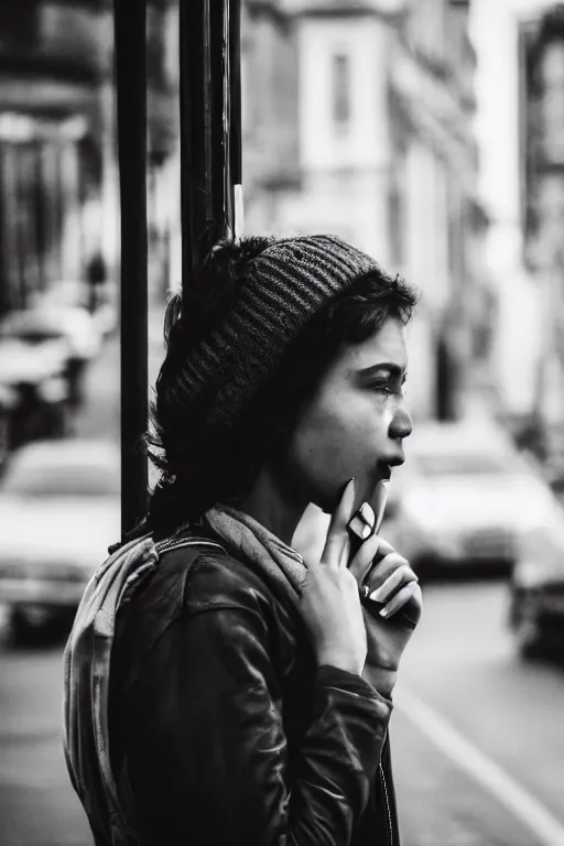 Prompt: beautiful woman, beautiful face of a woman, standing at a bus stop in the early morning, calling on the phone, around the city, the road, 3 5 mm photography, highly detailed, cinematic lighting, 4 k