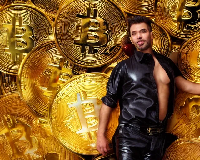 Image similar to attractive oiled up glossy man posing in front of a huge golden bitcoin, angelic light, commercial by annie liebovitz, tom finland gaston bussiere, j. c. leyendecker