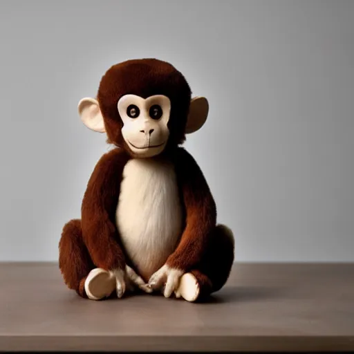 Prompt: symmetry!! a very beautiful stuffed monkey on a table. shallow focus. f 1. 2