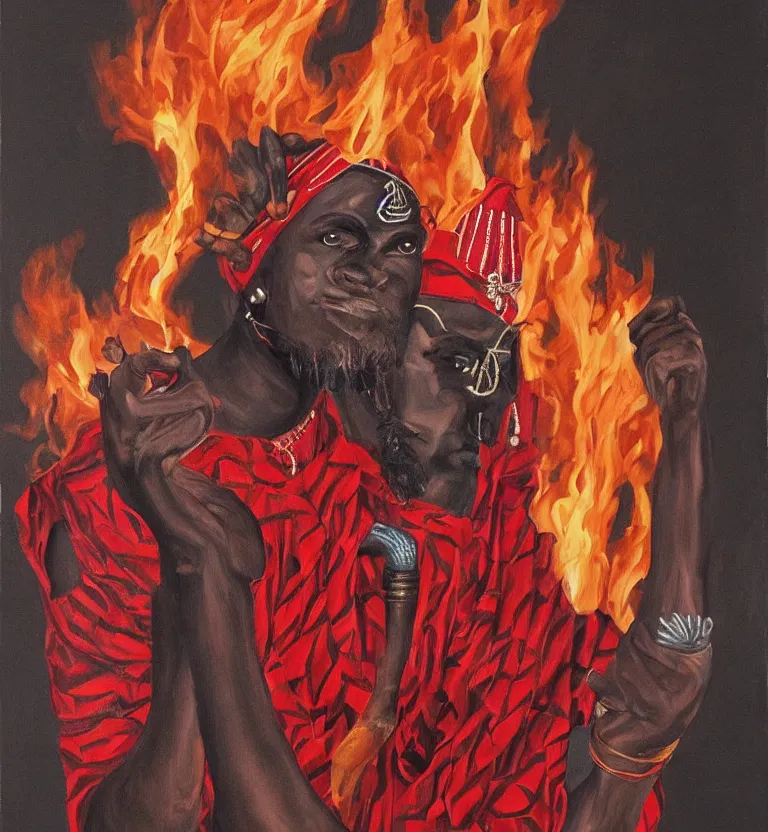 Image similar to a realistic painting of the yoruba god of the streets and paths, orisha esu, wearing red and black clothes with fire in his right hand, digital art, detailed.