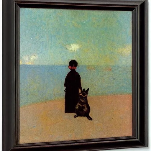 Prompt: a woman and her black and brown chihuahua at the sea by odilon redon