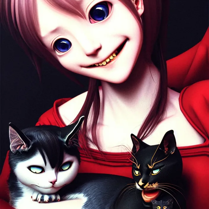 Image similar to renaissance portrait of the secretive vampire girl loner smiling at her cat, by katsuhiro otomo, yoshitaka amano, nico tanigawa, and artgerm rendered with 3 d effect.