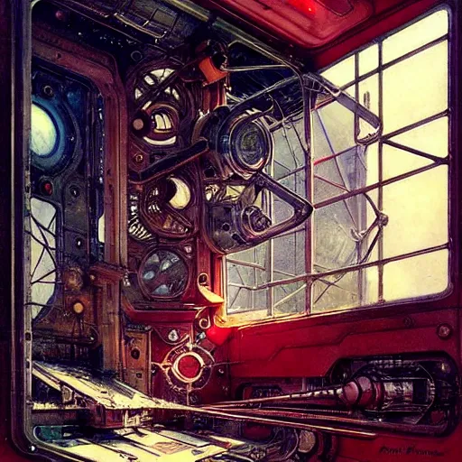Image similar to ( ( ( ( ( 1 9 5 0 s retro future intricate machine spaceship large window. muted colors. dramatic light ) ) ) ) ) by jean baptiste monge!!!!!!!!!!!!!!!!!!!!!!!!! chrome red