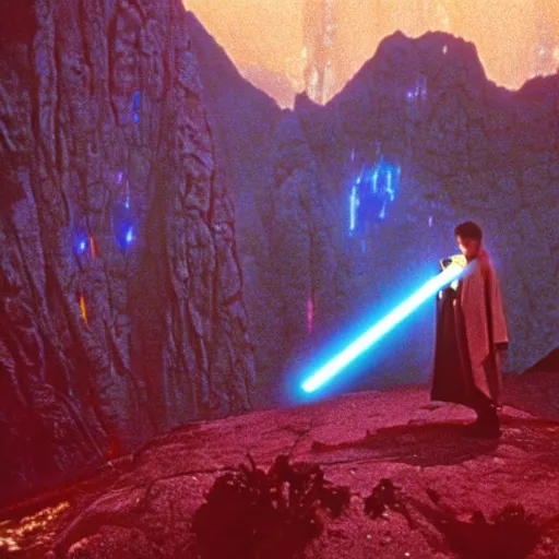 Image similar to 35mm film still jedi training with laser sword on an epic mountain, blade runner set in a rainy tropical forest, cool colors, moody, by Alex grey