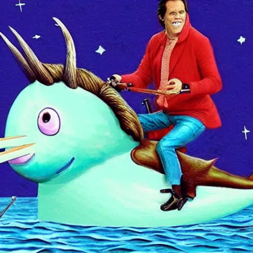 Image similar to jim carrey riding a narwhal, realistic