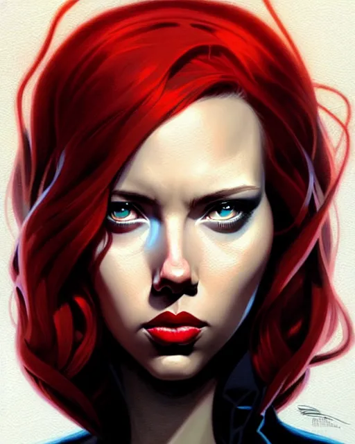 Image similar to peter mohrbacher, phil noto, artgerm, pretty scarlett johansson black widow, symmetrical eyes, long red hair