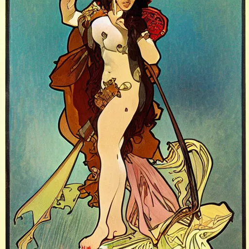 Image similar to female pirate, painted by alphonse mucha