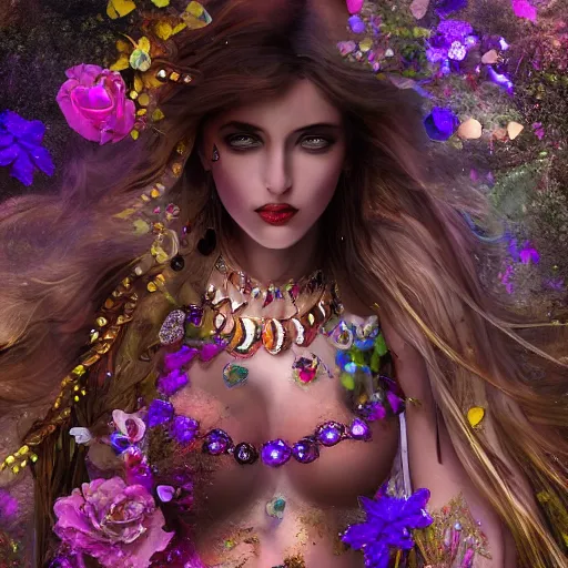 Image similar to A beautiful siren decorated with precious stones, and wherever she walks glowing flowers grow, 8k, photorealistic, ultra realistic, extreme detail, highly detailed, atmospheric, , cinematic composition