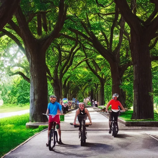 Image similar to friends ride their bikes through a colonnade of trees