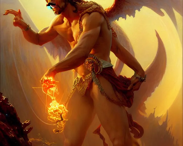 Image similar to attractive male deity, casting demonic magic, summoning handsome lucifer morning star. highly detailed painting by gaston bussiere, craig mullins, j. c. leyendecker 8 k