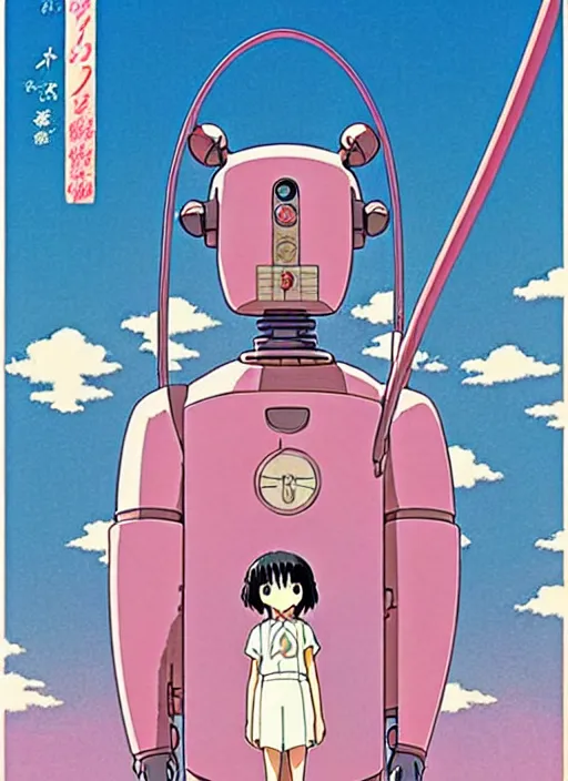 Image similar to a movie poster for a studio Ghibli film based on the song Yoshimi battles the pink robots, part 1. by the band the flaming lips; artwork by Hiyao Miyazaki and studio Ghibli; a Japanese girl is fighting a gigantic evil Pink Robot in an alley in Tokyo; highly detailed artwork by James jean and Phil noto