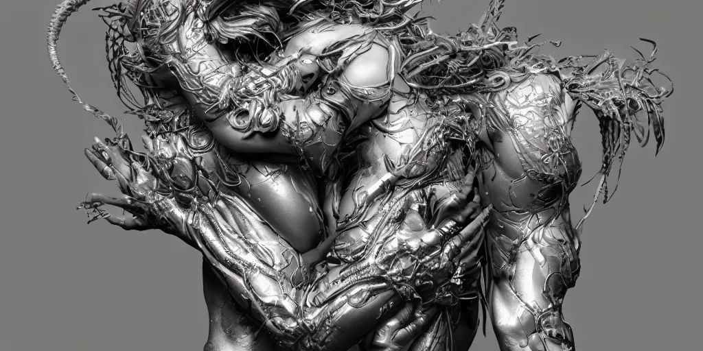 Prompt: hyperrealistic photography of a very strong cyborg in warm embrace, in the style of beth cavener, jin kagetsu, and wlop, highly detailed, intricate filigree, masterpiece, award winning, sharp focus, concept art, ringflash lighting, ambient lighting, octane render, 8 k, artstation