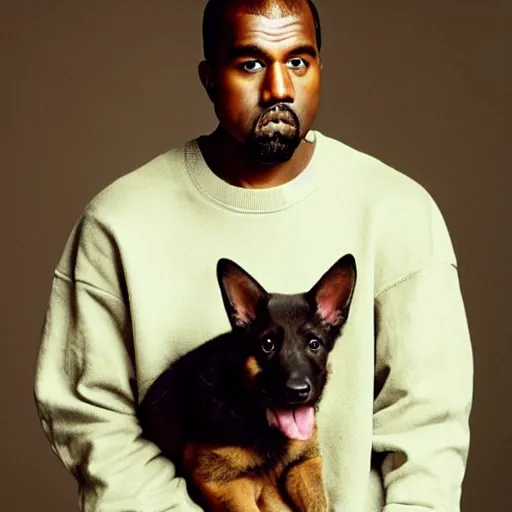 Prompt: Kanye West holding a German Sheppard for a 1990s sitcom tv show, Studio Photograph, portrait C 12.0