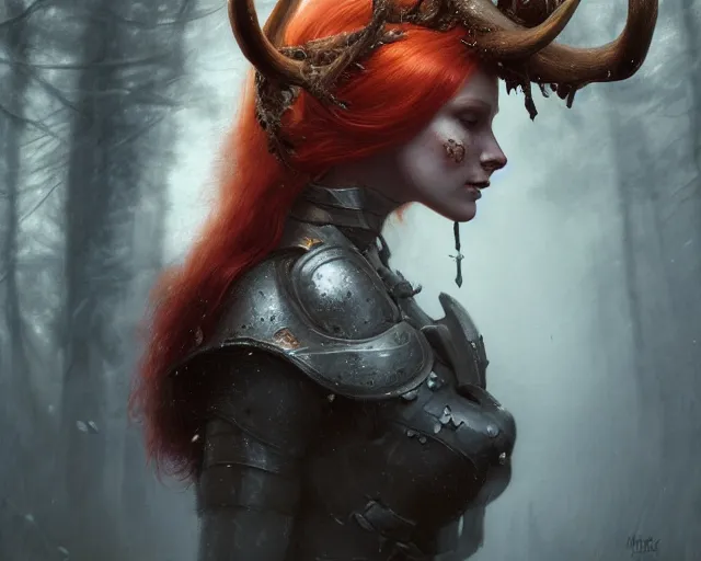 Image similar to 5 5 mm portrait photo of an armored gorgeous aesthetic redhead woman warrior with a face tattoo and antlers growing from her head and cat on her shoulder, in a magical forest. dark atmosphere. art by greg rutkowski. highly detailed 8 k. intricate. lifelike. soft light. nikon d 8 5 0.