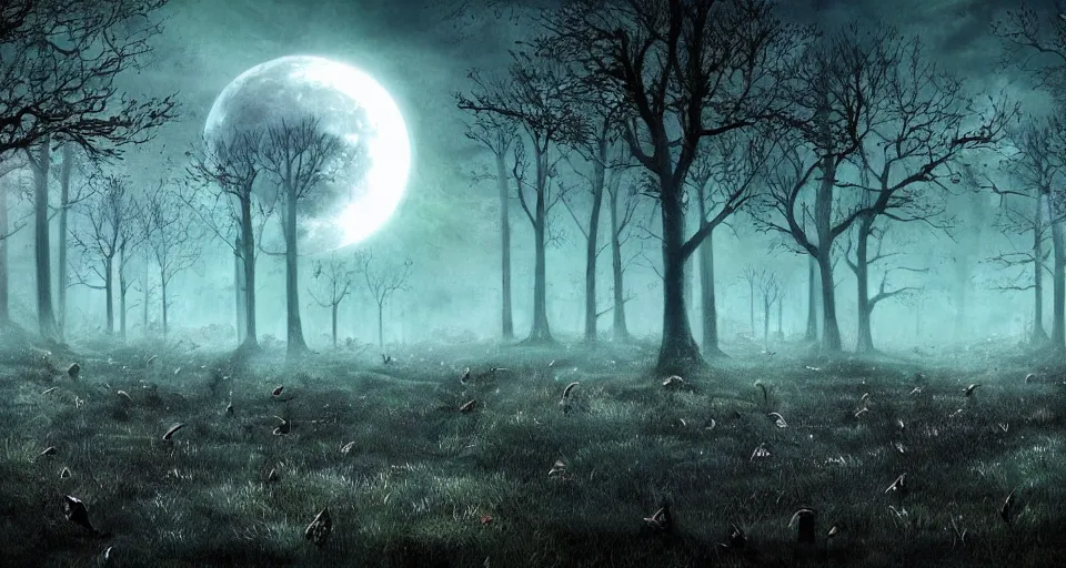 Image similar to fantasy landscape of a forest full of crows and the big moon in the background, dark color-theme, cinematic, science-fiction art wallpaper, stunning digital art