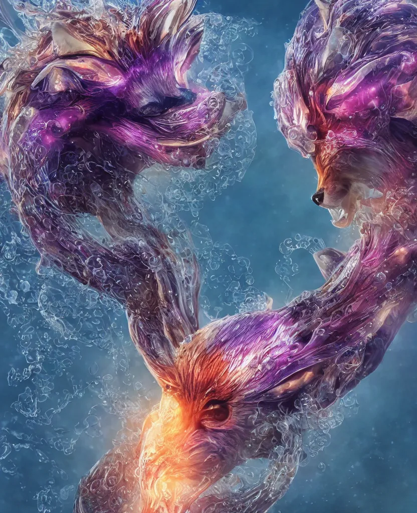 Prompt: close-up portrait of a beautiful fox in a twisted flowers orchid jellyfish mask surrounded by energy flow, epic angle and pose, symmetrical artwork, 3d with depth of field, blurred background, floating jellyfish skull phoenix bird, translucent, nautilus, energy flows of water and fire. a highly detailed epic cinematic concept art CG render. made in Maya, Blender and Photoshop, octane render, excellent composition, cinematic dystopian brutalist atmosphere, dynamic dramatic cinematic lighting, aesthetic, very inspirational, arthouse. y Greg Rutkowski, Ilya Kuvshinov, WLOP, Stanley Artgerm Lau, Ruan Jia and Fenghua Zhong