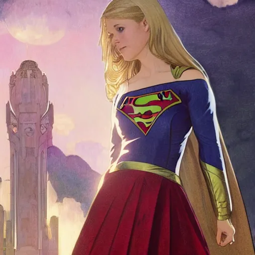 Image similar to Erin Moriarty as SuperGirl, highly detailed, digital painting, artstation, concept art, smooth, sharp focus, illustration, ArtStation, art by artgerm and greg rutkowski and alphonse mucha and J. C. Leyendecker and Edmund Blair Leighton and Katsuhiro Otomo and Geof Darrow and Phil hale and Ashley wood and Ilya repin and Charlie Bowater