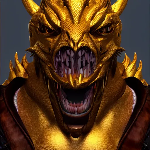 Prompt: golden dragonborn portrait unreal engine, trending on artstation, render